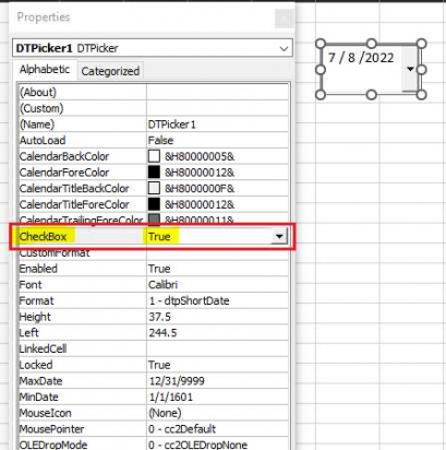 MS Date Picker Properties windows