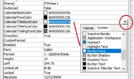 change specific colors on parts of MS Date Picker from Properties window