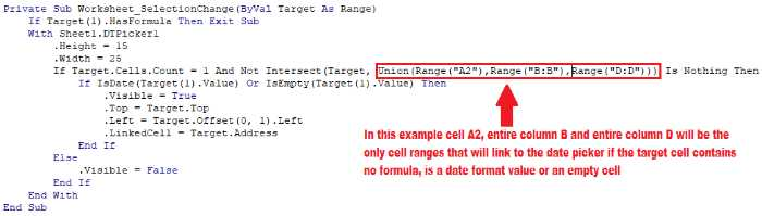 Excel Date Picker VBA code for specified ranges on sheet