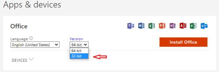 Install Office 365 32-bit version