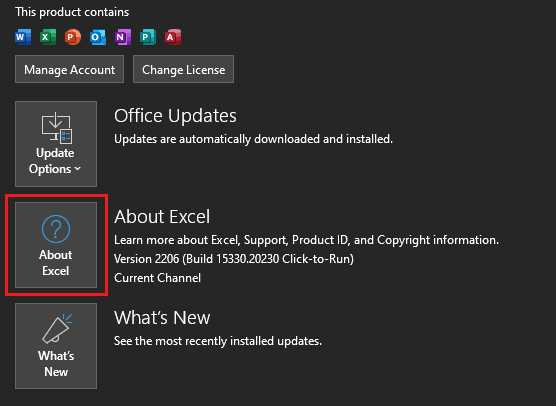 About Excel tab