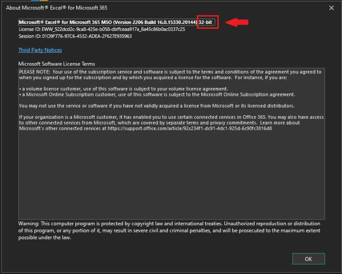 Verify 32-bit version of Excel on About window