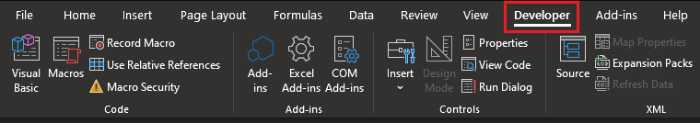 Excel Developer Tab on ribbon