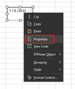 right-click for MS Date Picker Properties